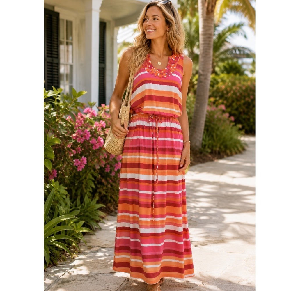 Ruby Rd Maxi Dress Sz L STRIPED PINK ORANGEVSleeveless Stretch Dress